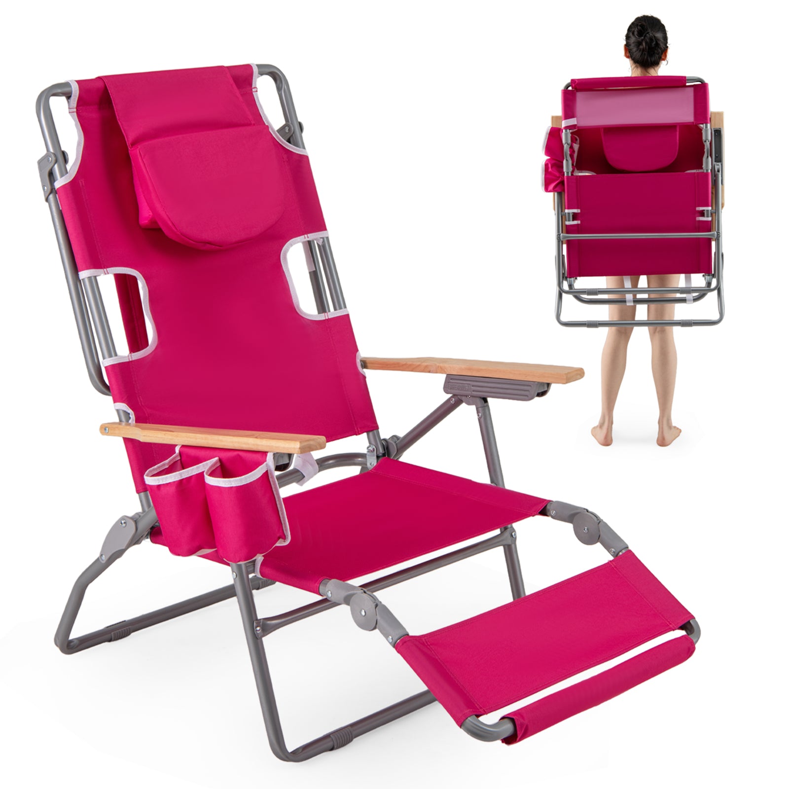 3-IN-1 Foldable Beach Chair with Footrest and Adjustable Backrest, Peach Beach & Lawn Chairs Peach at Gallery Canada
