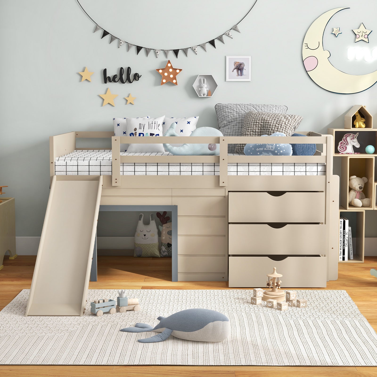 Twin Loft Bed With Slide Ladder Drawers, 3-In-1, Beige Bunk Bed Frame at Gallery Canada