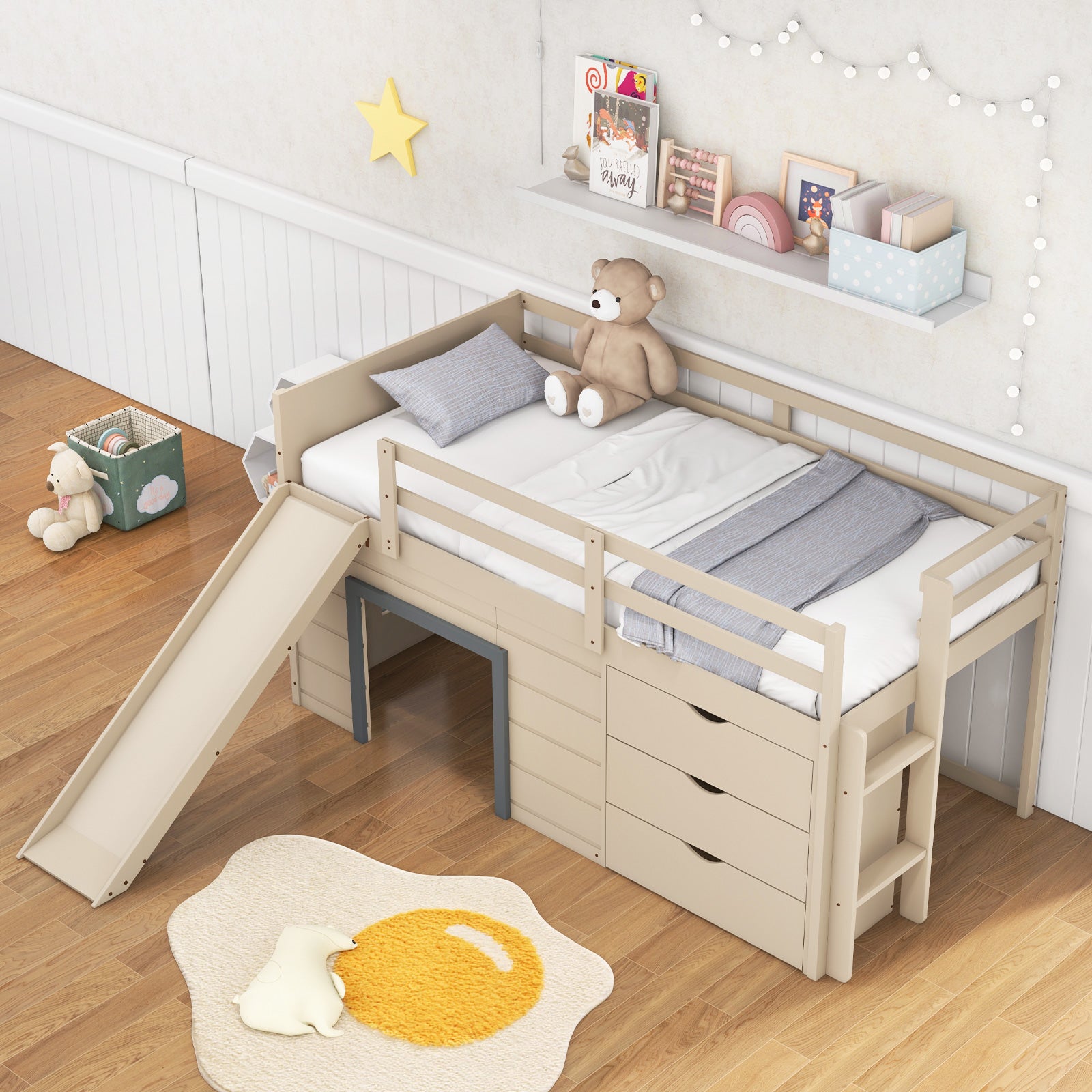 Twin Loft Bed With Slide Ladder Drawers, 3-In-1, Beige Bunk Bed Frame at Gallery Canada