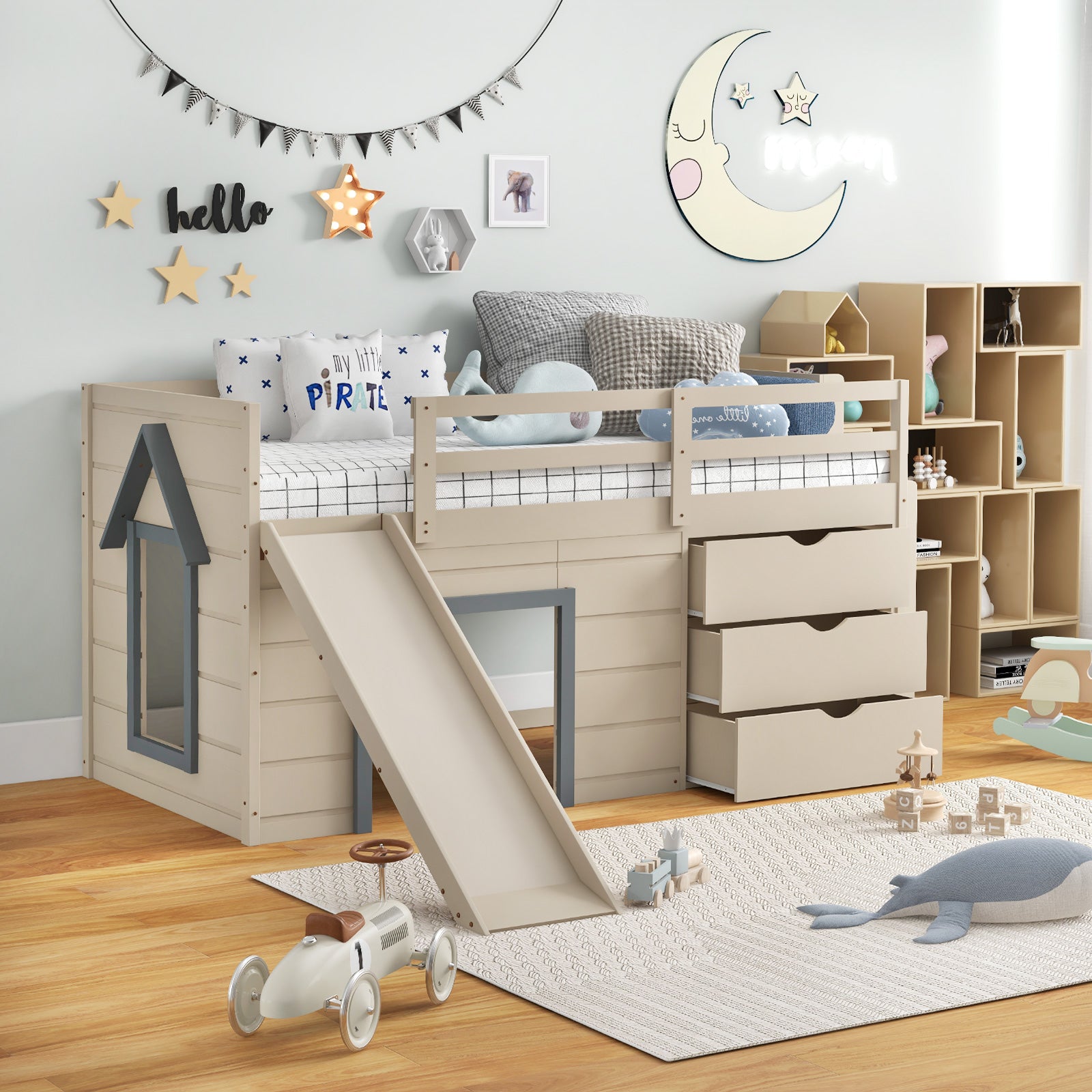 Twin Loft Bed With Slide Ladder Drawers, 3-In-1, Beige Bunk Bed Frame at Gallery Canada