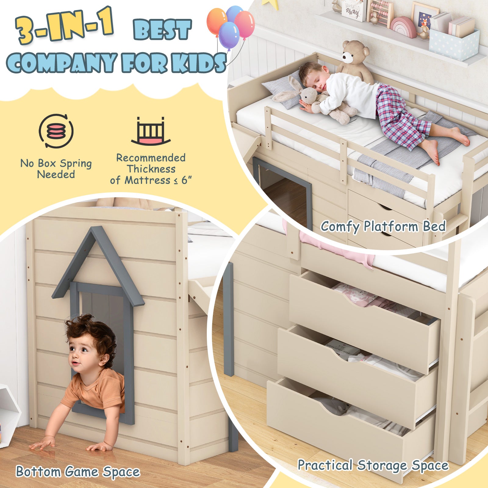 Twin Loft Bed With Slide Ladder Drawers, 3-In-1, Beige Bunk Bed Frame at Gallery Canada
