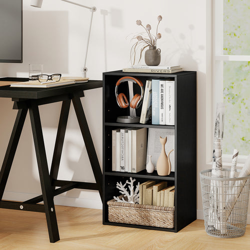 3 Open Shelf Bookcase, Modern Storage Display Cabinet, Black