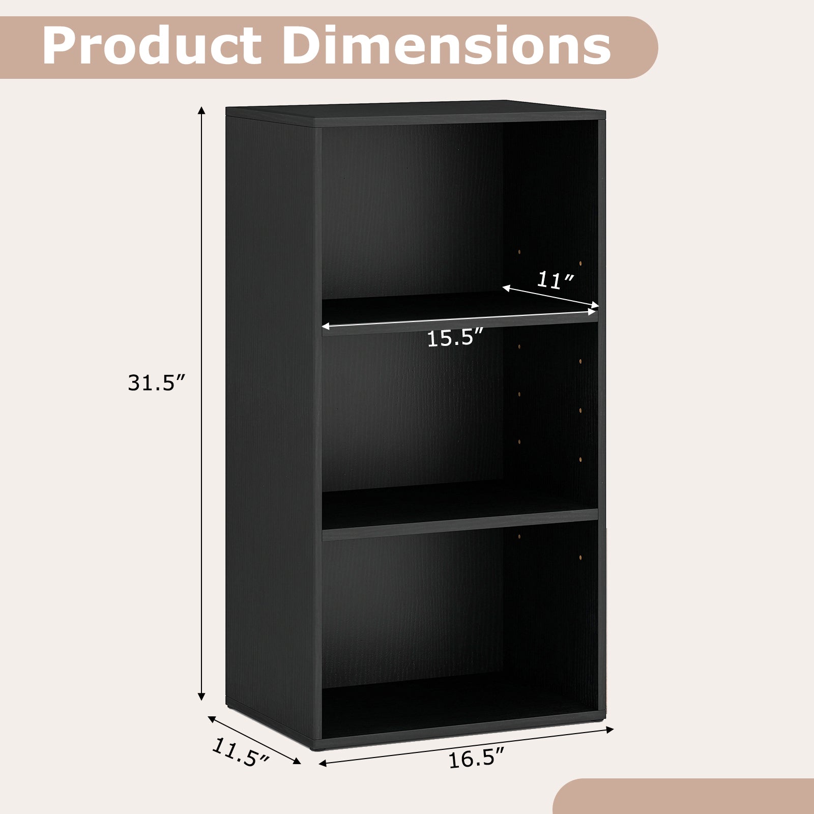 3 Open Shelf Bookcase, Modern Storage Display Cabinet, Black Bookcases at Gallery Canada