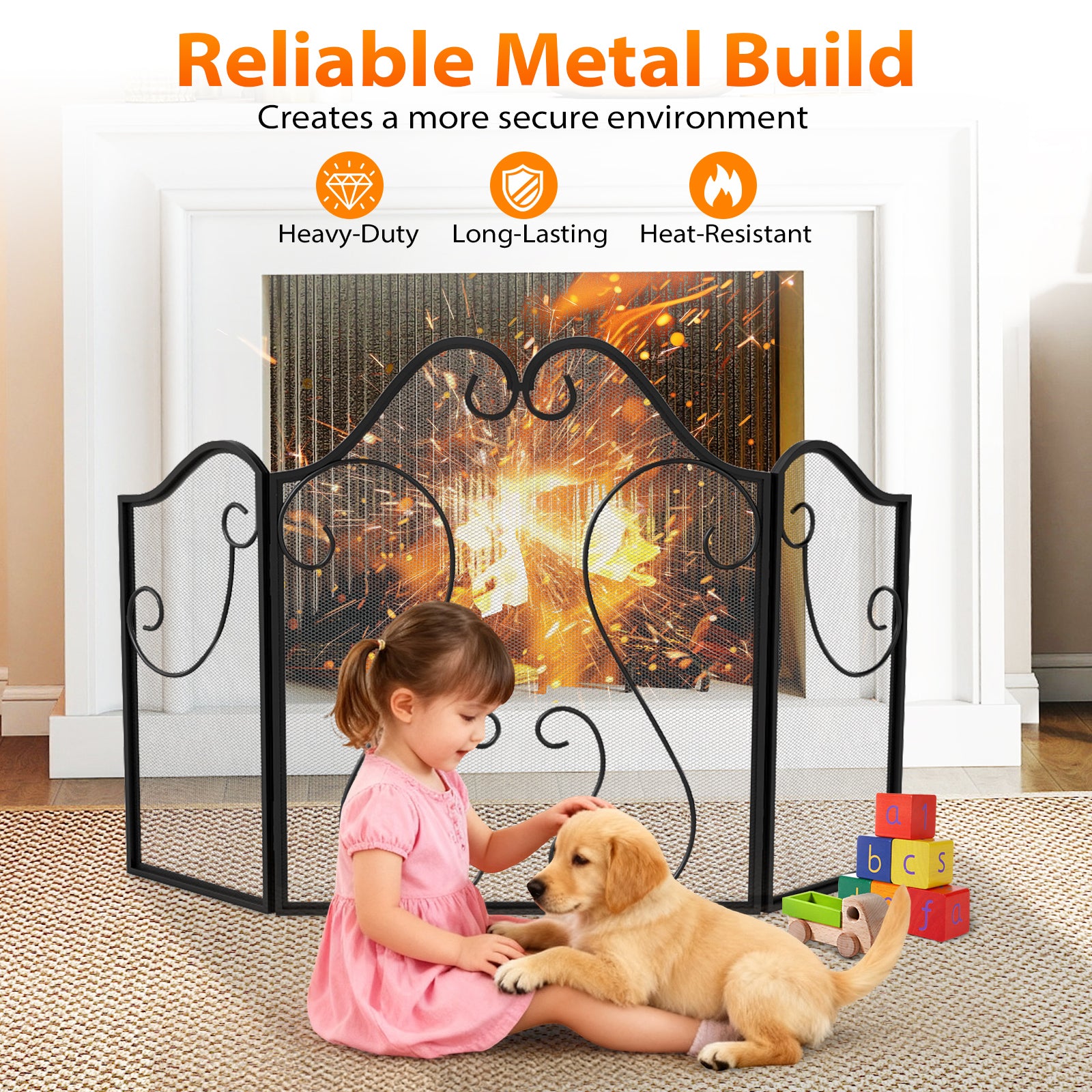 3 Panel Fireplace Screen Foldable Spark Guard Cover with Decorative Scroll Fireplace Tools at Gallery Canada