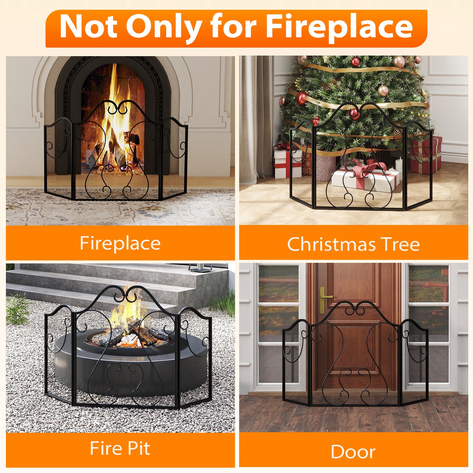 3 Panel Fireplace Screen Foldable Spark Guard Cover with Decorative Scroll Fireplace Tools at Gallery Canada