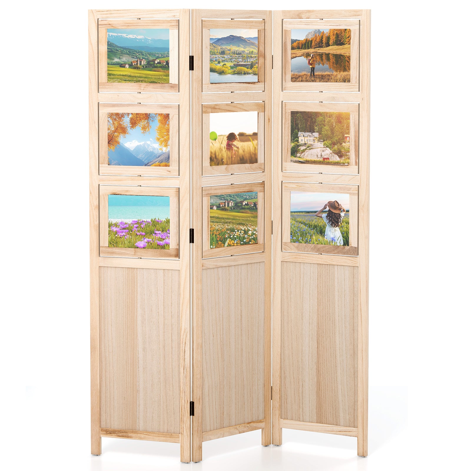 3 Panel Folding Privacy Screen with 9 Swivel Paulownia Wood Photo Frames, Natural Room Dividers at Gallery Canada