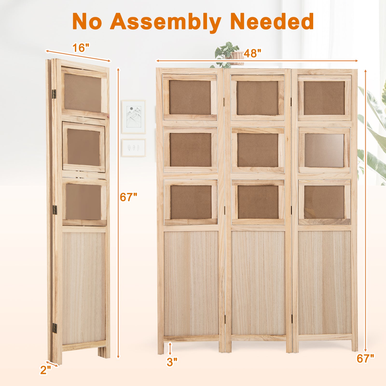 3 Panel Folding Privacy Screen with 9 Swivel Paulownia Wood Photo Frames, Natural Room Dividers at Gallery Canada