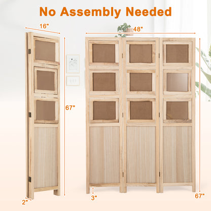 3 Panel Folding Privacy Screen with 9 Swivel Paulownia Wood Photo Frames, Natural Room Dividers at Gallery Canada