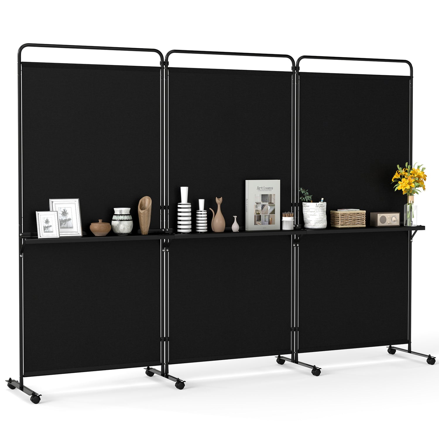 3-Panel Room Divider With Shelves, 6 FT Tall, Black Room Dividers at Gallery Canada