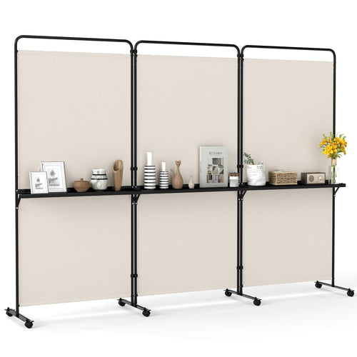 6 FT Folding Room Divider with Shelves, Locking Wheels, White