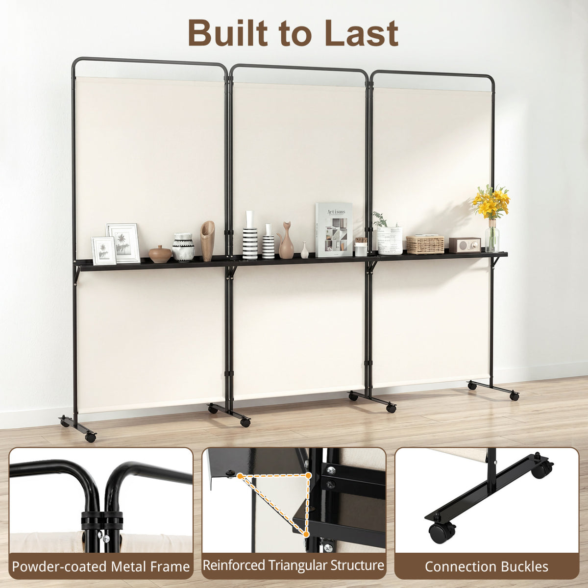 6 FT Folding Room Divider with Shelves, Locking Wheels, White Room Dividers at Gallery Canada