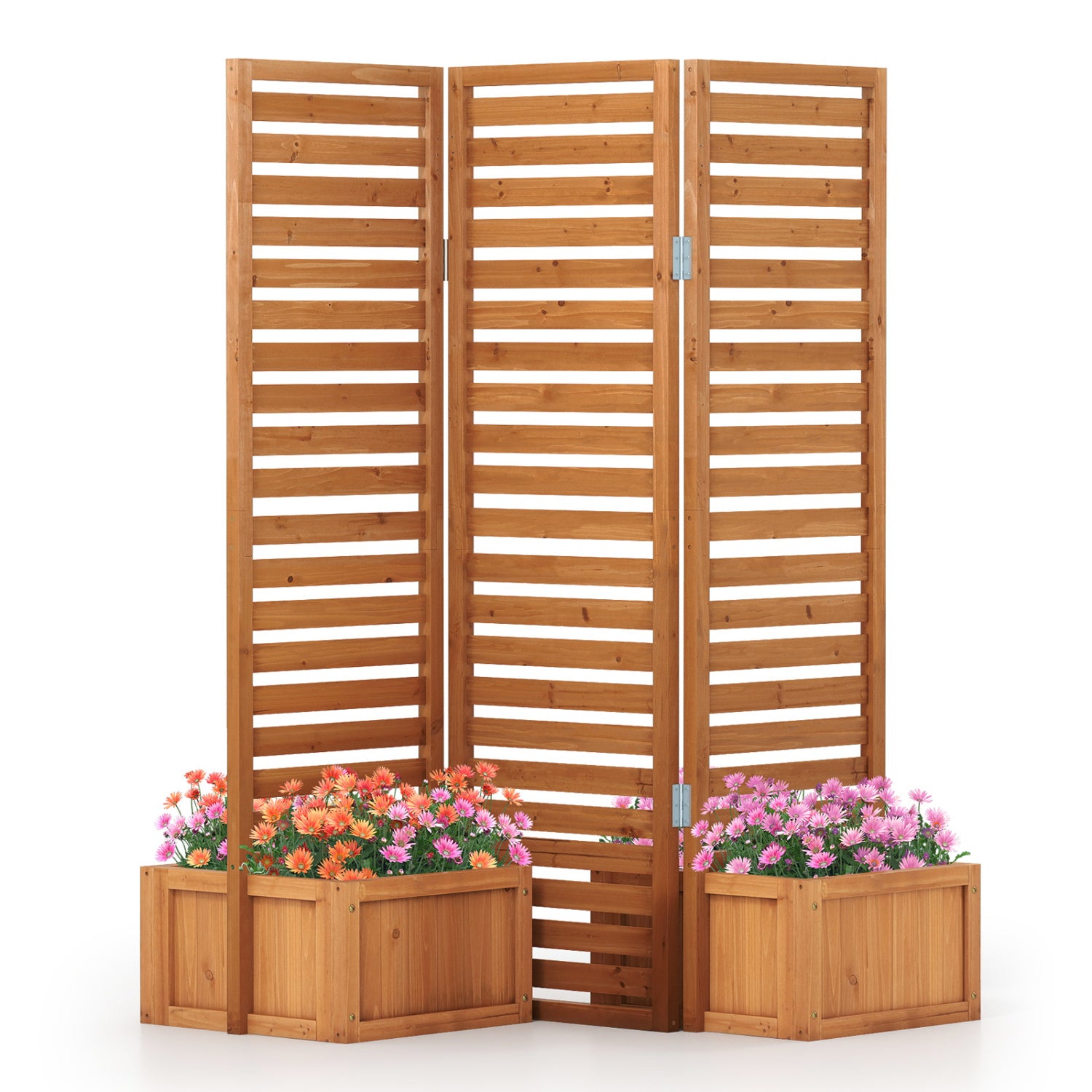 3-Panel Solid Wood Frame Freestanding Garden Fence with 2 Self-Draining Planter Boxes, Yellow Raised Garden Beds at Gallery Canada