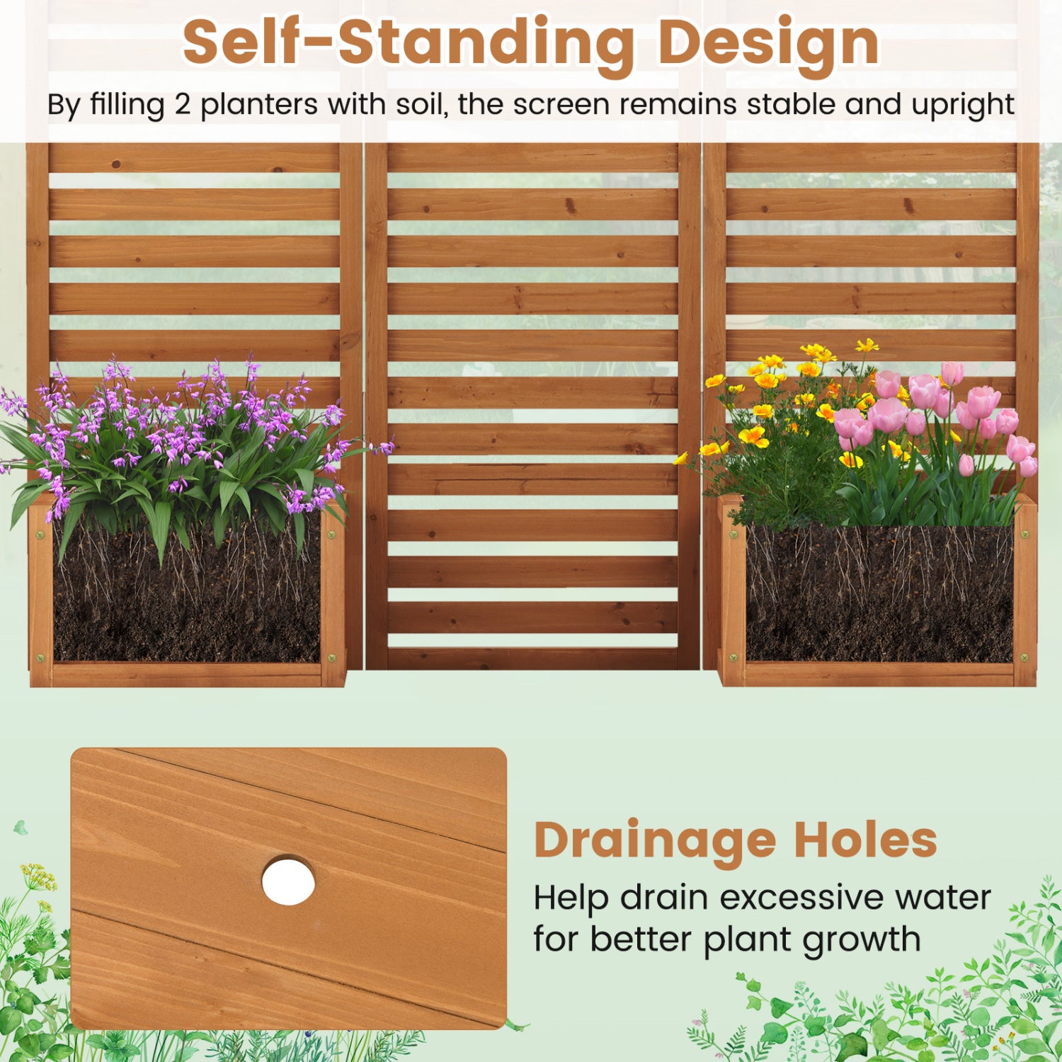 3-Panel Solid Wood Frame Freestanding Garden Fence with 2 Self-Draining Planter Boxes, Yellow Raised Garden Beds at Gallery Canada