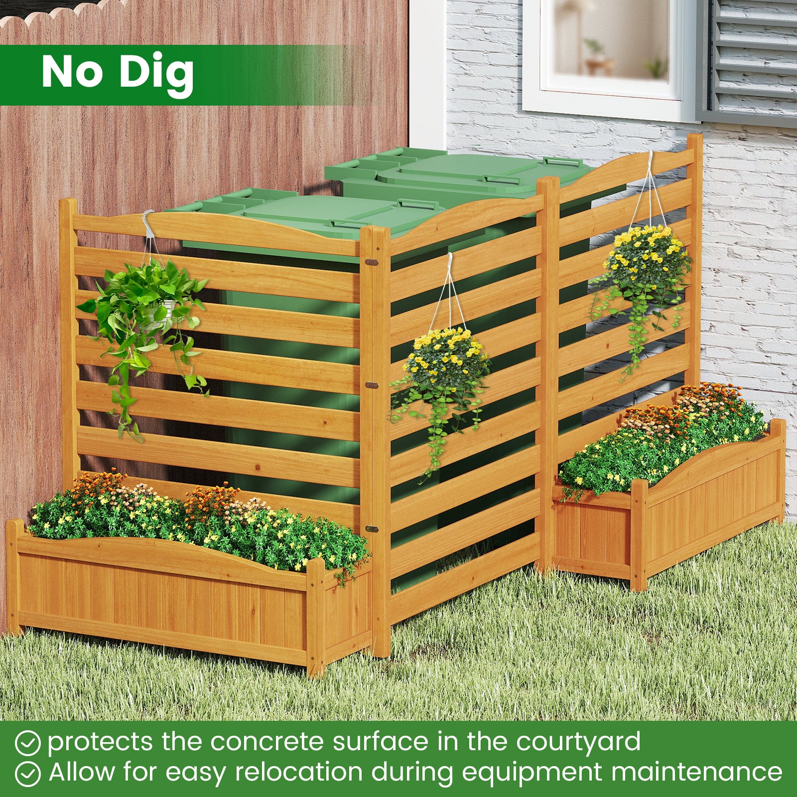 3-Panel Wood Air Conditioner Fence with Planter Box Freestanding Privacy Screen, Yellow Raised Garden Beds at Gallery Canada