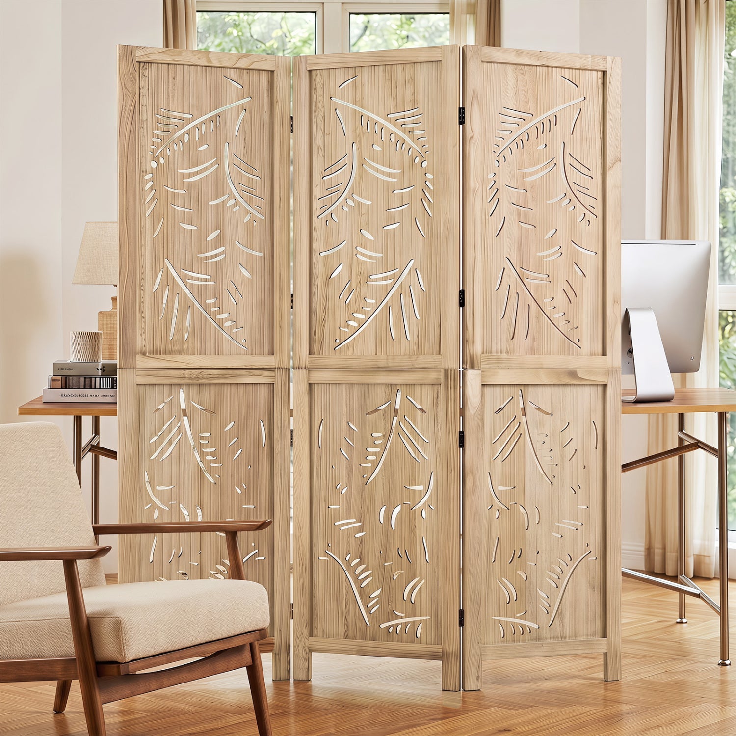 3-Panel Wood Room Divider, Palm Leaf Design, Paulownia Frame Room Dividers at Gallery Canada