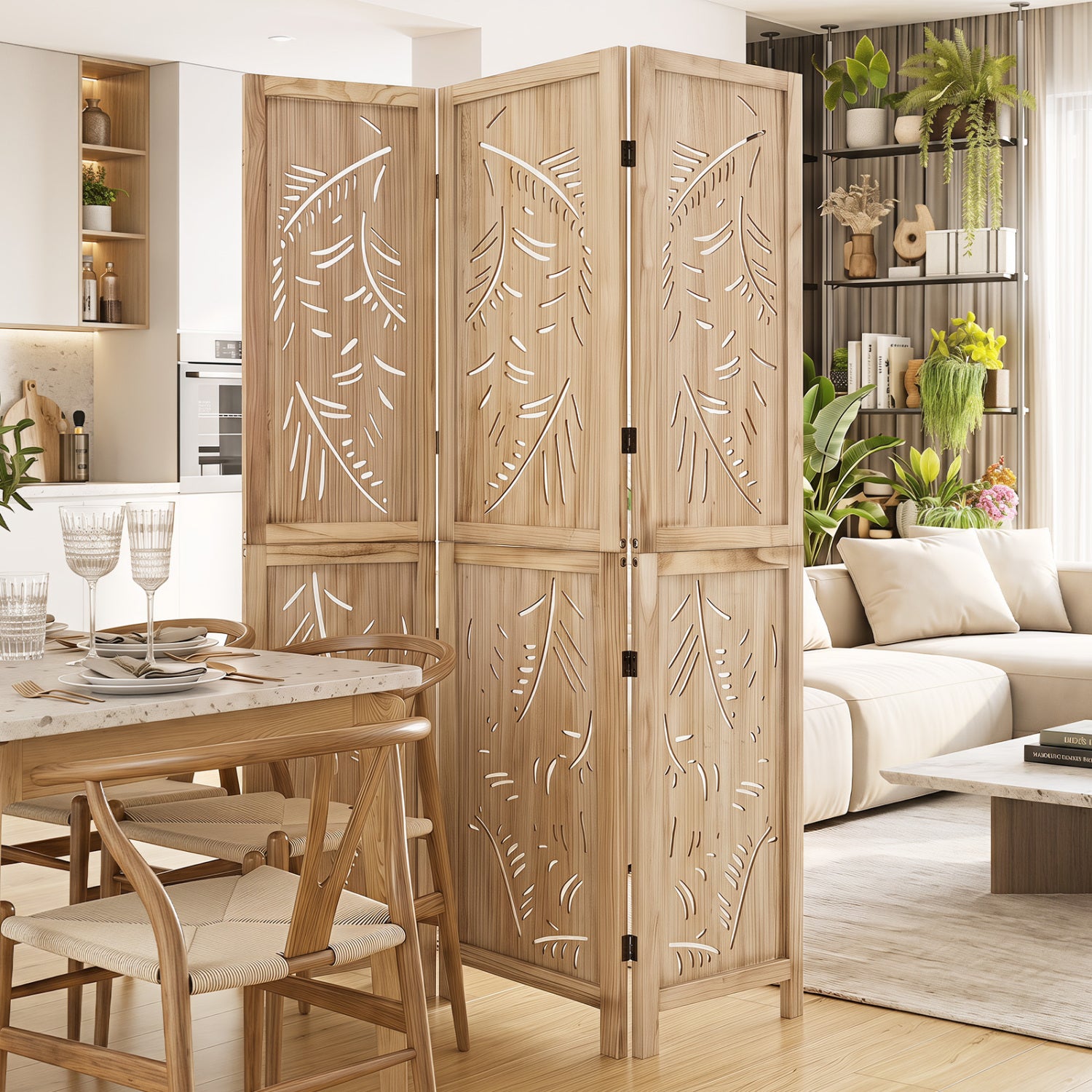 3-Panel Wood Room Divider, Palm Leaf Design, Paulownia Frame Room Dividers at Gallery Canada