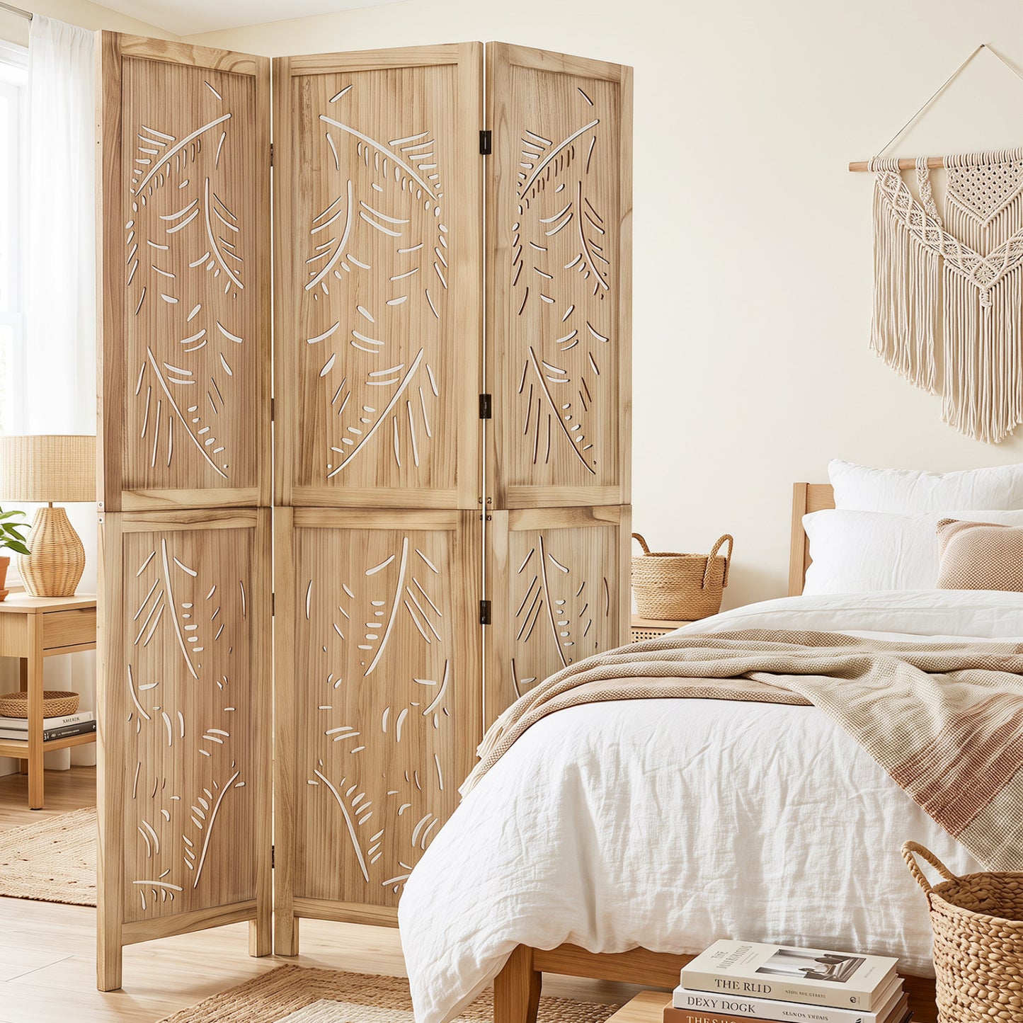 3-Panel Wood Room Divider, Palm Leaf Design, Paulownia Frame Room Dividers at Gallery Canada