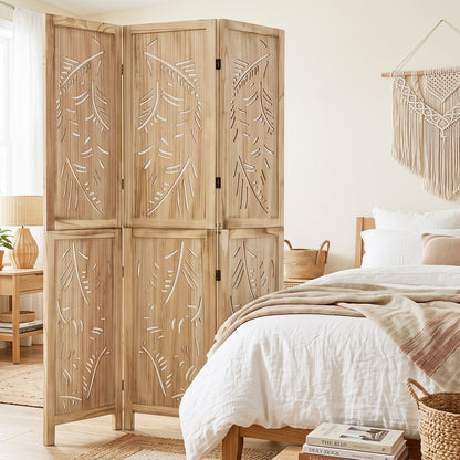 3-Panel Wood Room Divider, Palm Leaf Design, Paulownia Frame Room Dividers at Gallery Canada