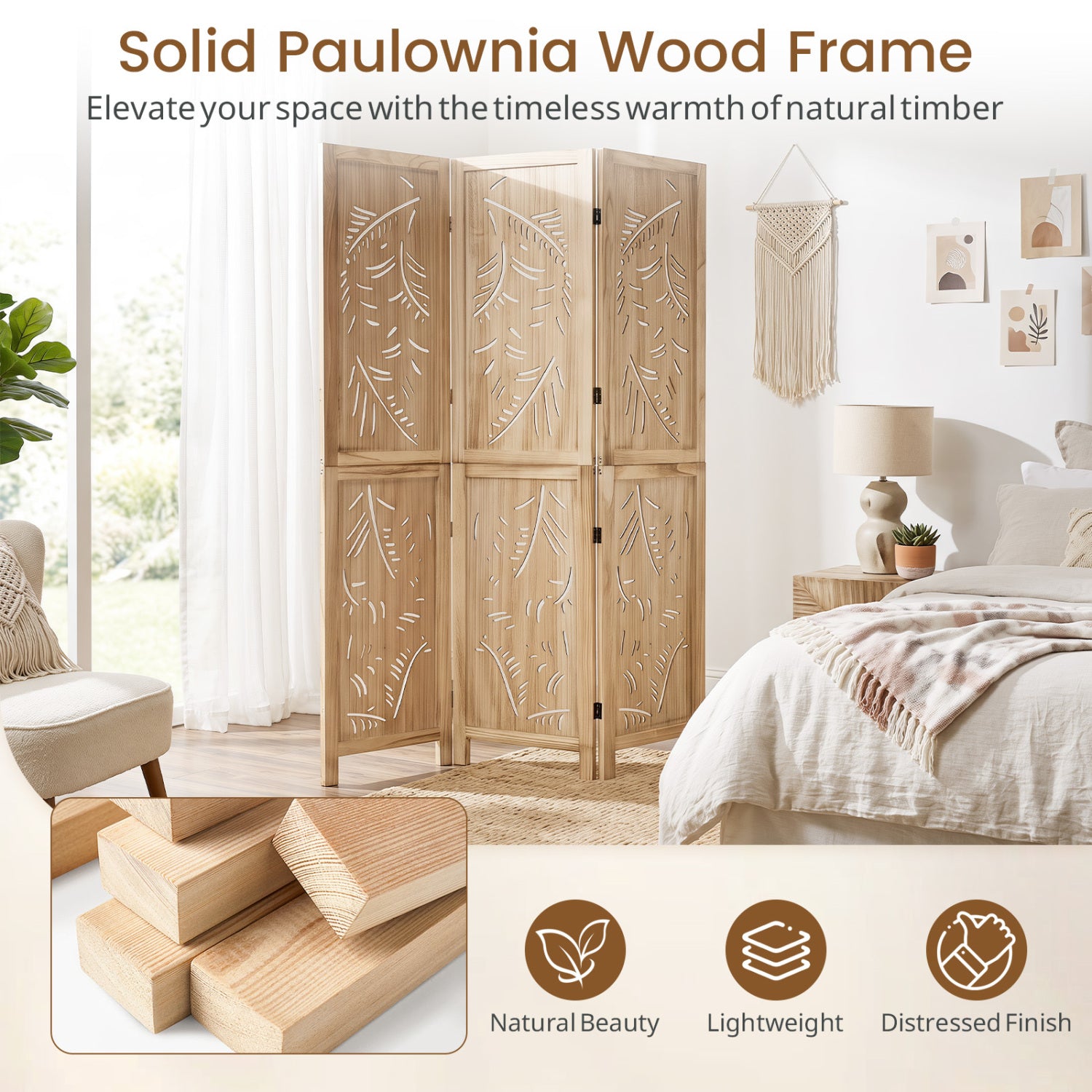 3-Panel Wood Room Divider, Palm Leaf Design, Paulownia Frame Room Dividers at Gallery Canada