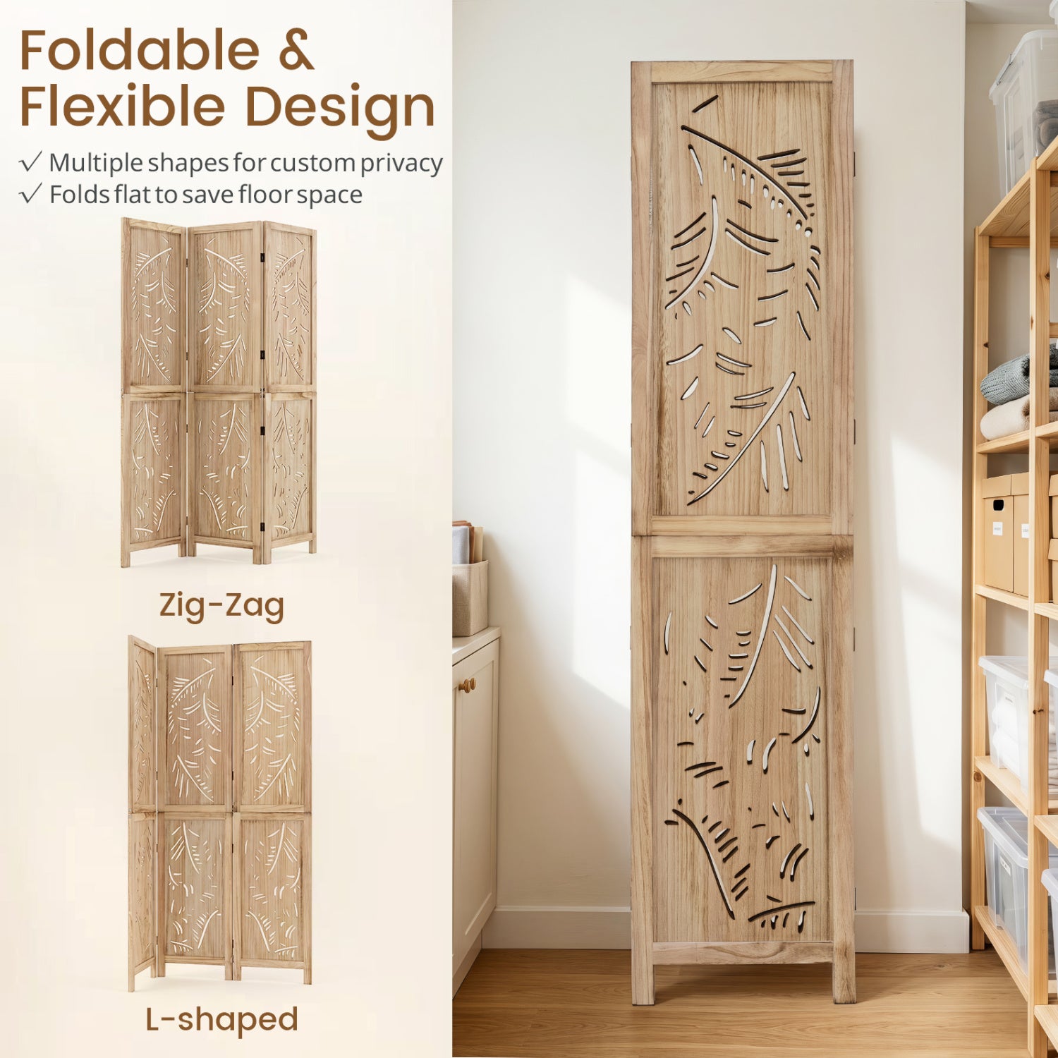 3-Panel Wood Room Divider, Palm Leaf Design, Paulownia Frame Room Dividers at Gallery Canada