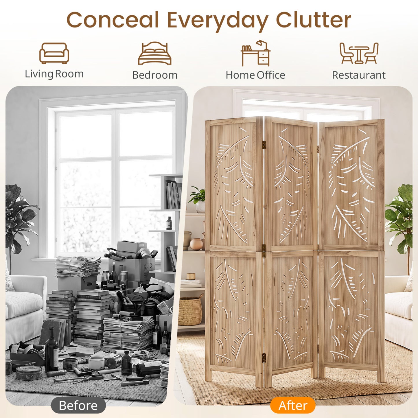 3-Panel Wood Room Divider, Palm Leaf Design, Paulownia Frame Room Dividers at Gallery Canada