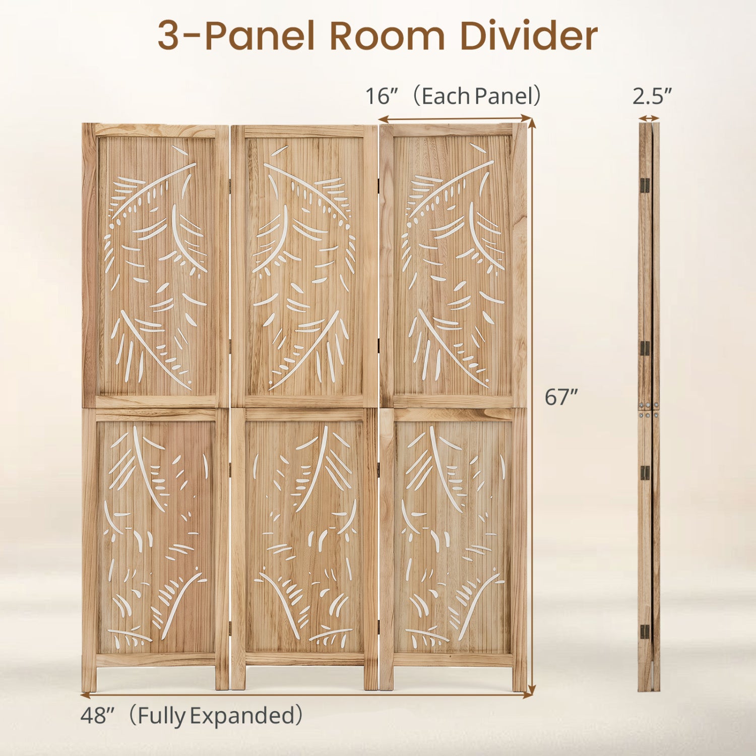 3-Panel Wood Room Divider, Palm Leaf Design, Paulownia Frame Room Dividers at Gallery Canada