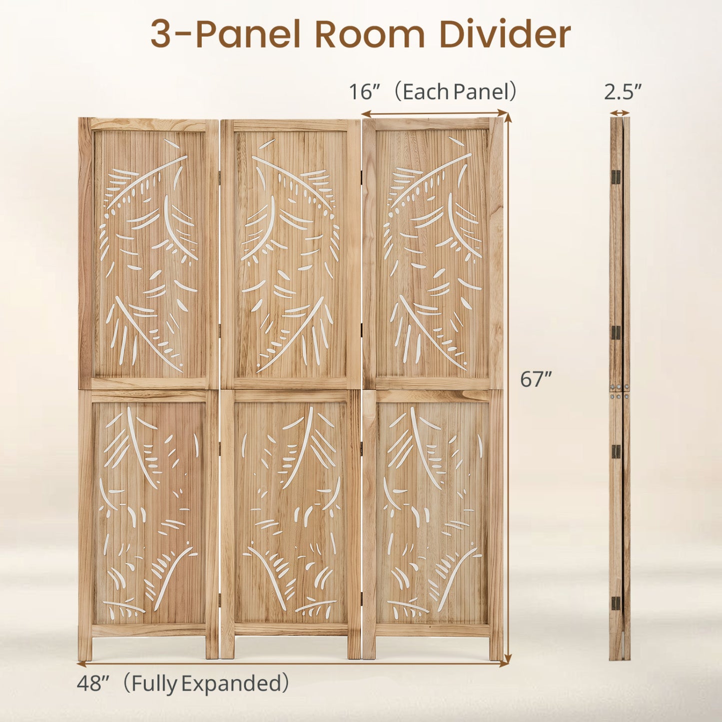3-Panel Wood Room Divider, Palm Leaf Design, Paulownia Frame Room Dividers at Gallery Canada