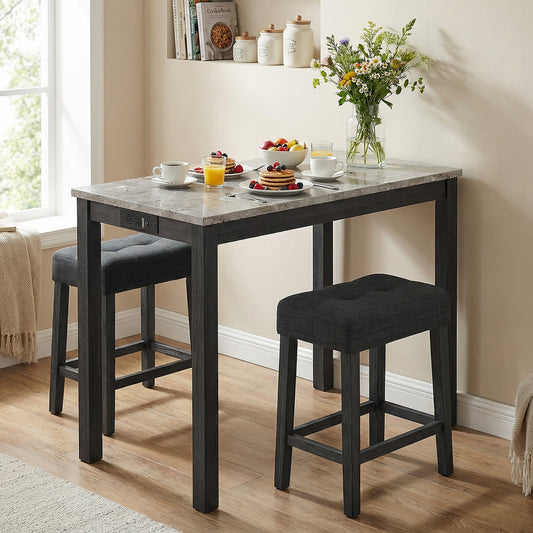 3-Piece Bar Table Set with Charging Station with Faux Marble Top-GR, Gray Dining Room Sets Gray at Gallery Canada