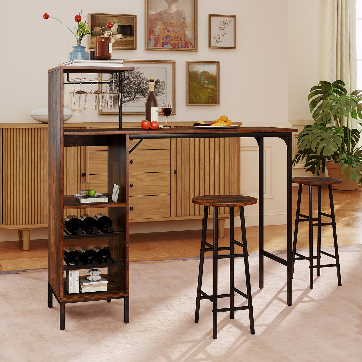 3 Piece Bar Table And Chairs Set, 6-Bottle Wine Rack, Rustic Brown Dining Room Sets at Gallery Canada