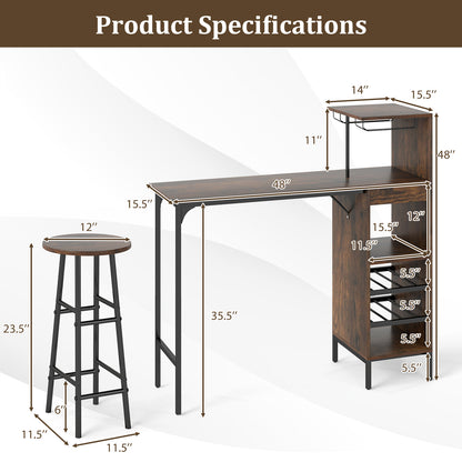 3 Piece Bar Table And Chairs Set, 6-Bottle Wine Rack, Rustic Brown Dining Room Sets at Gallery Canada