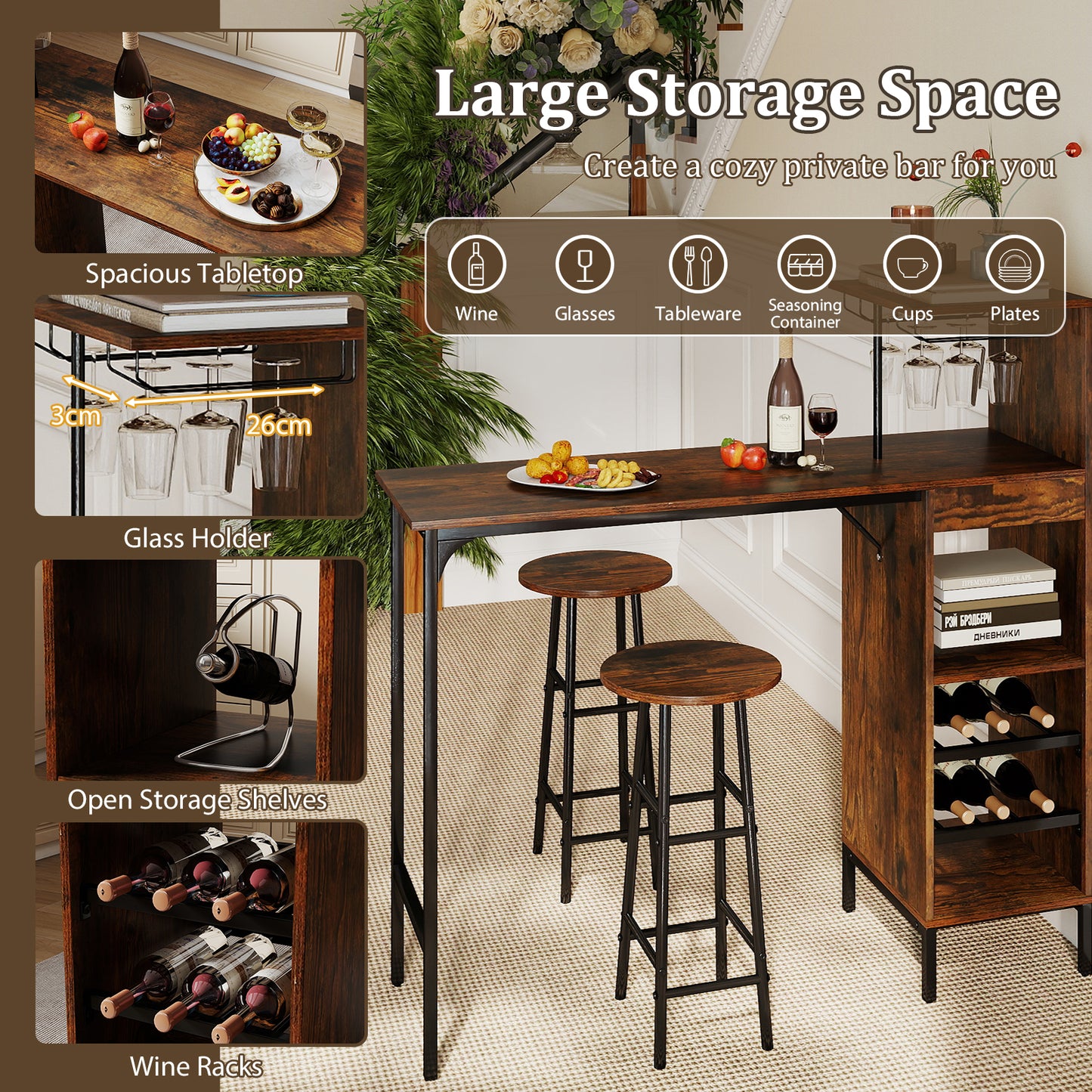 3 Piece Bar Table And Chairs Set, 6-Bottle Wine Rack, Rustic Brown Dining Room Sets at Gallery Canada