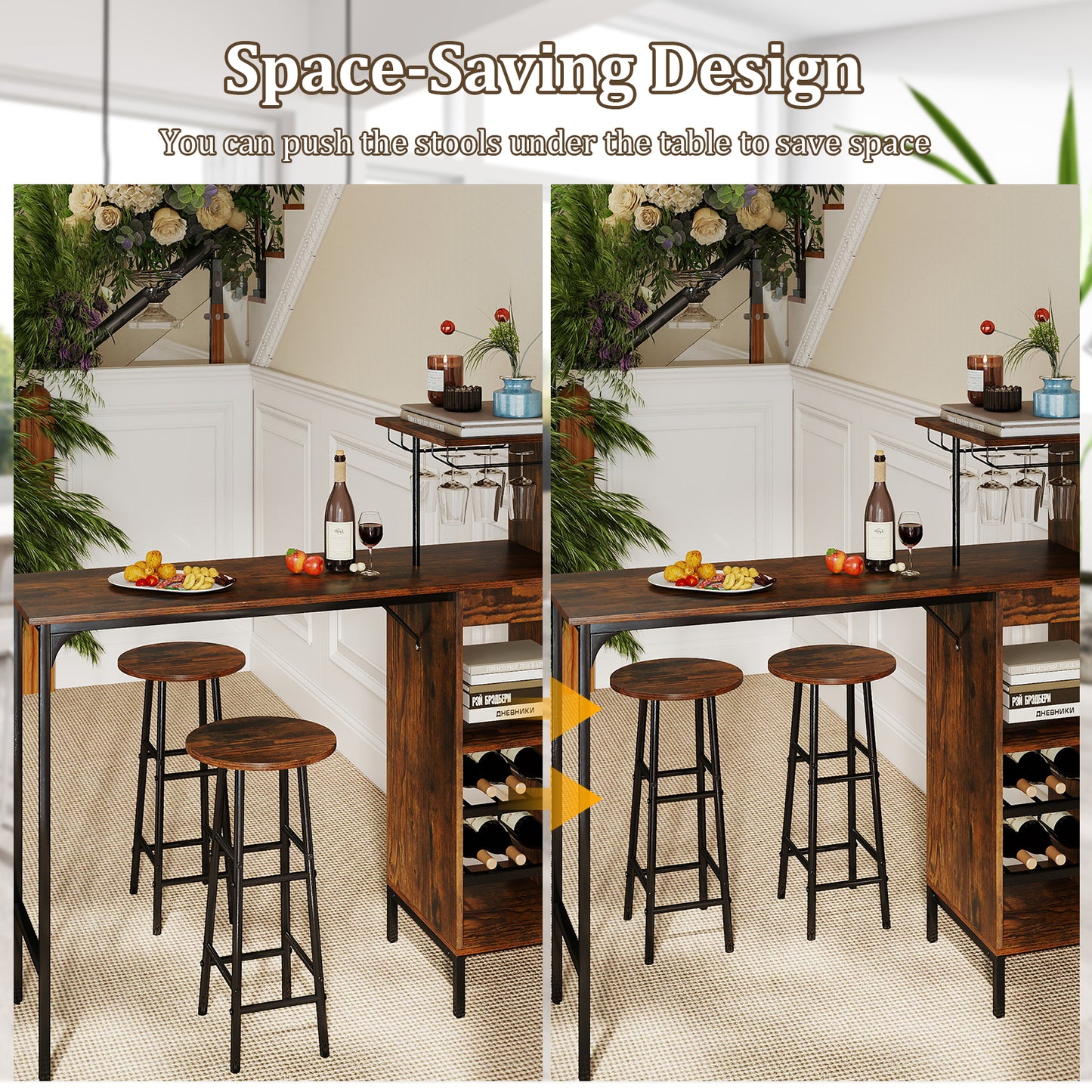 3 Piece Bar Table And Chairs Set, 6-Bottle Wine Rack, Rustic Brown Dining Room Sets at Gallery Canada