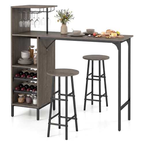 3 Piece Bar Table And Chairs Set, 6-Bottle Wine Rack, Oak