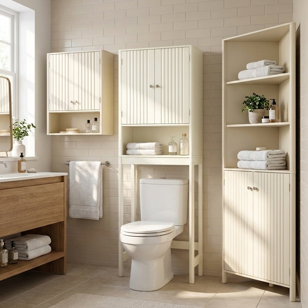 3-Piece Bathroom Set, Fluted Doors, Over Toilet Corner & Wall, Beige