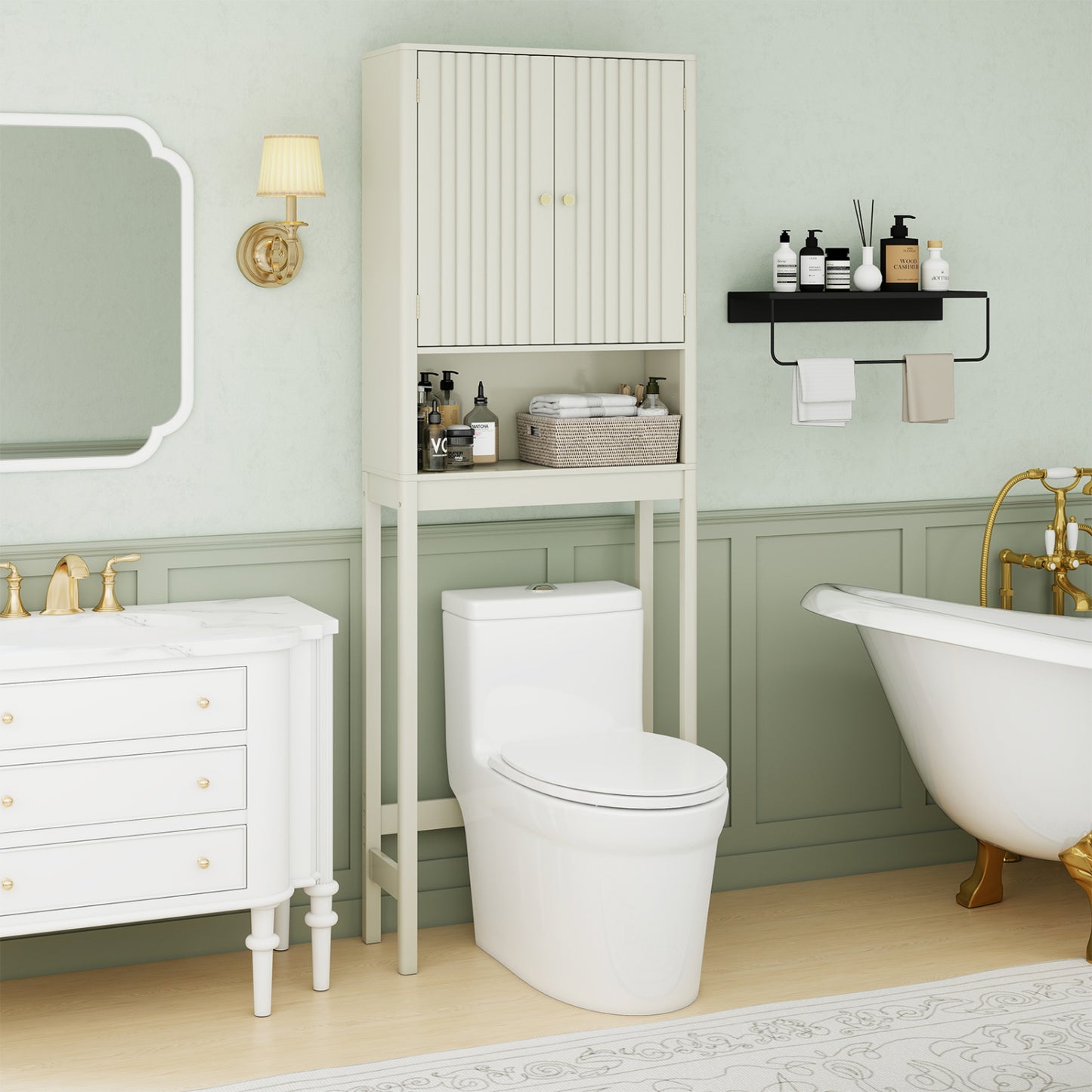 3-Piece Bathroom Set, Fluted Doors, Over Toilet Corner & Wall, Beige