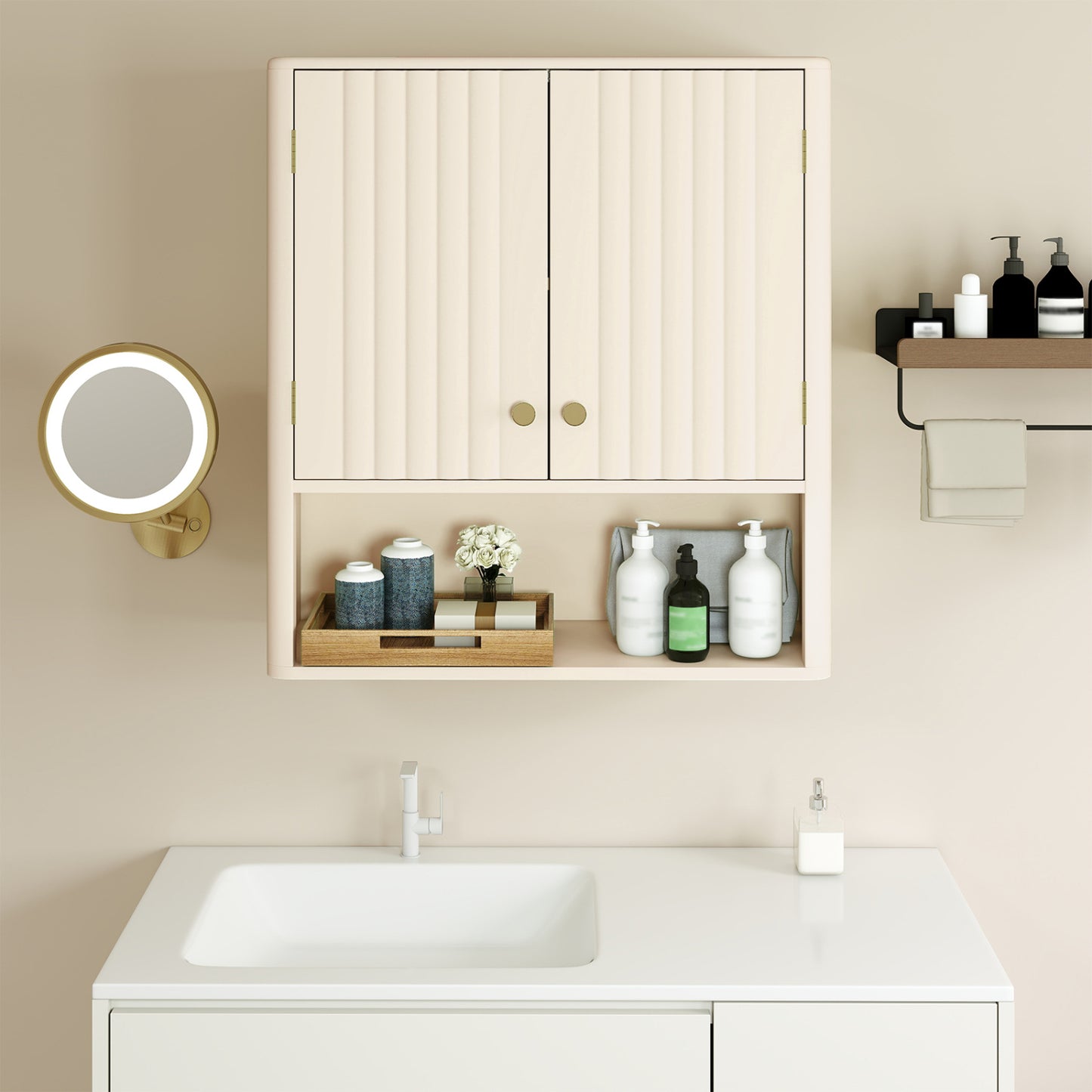 3-Piece Bathroom Set, Fluted Doors, Over Toilet Corner & Wall, Beige