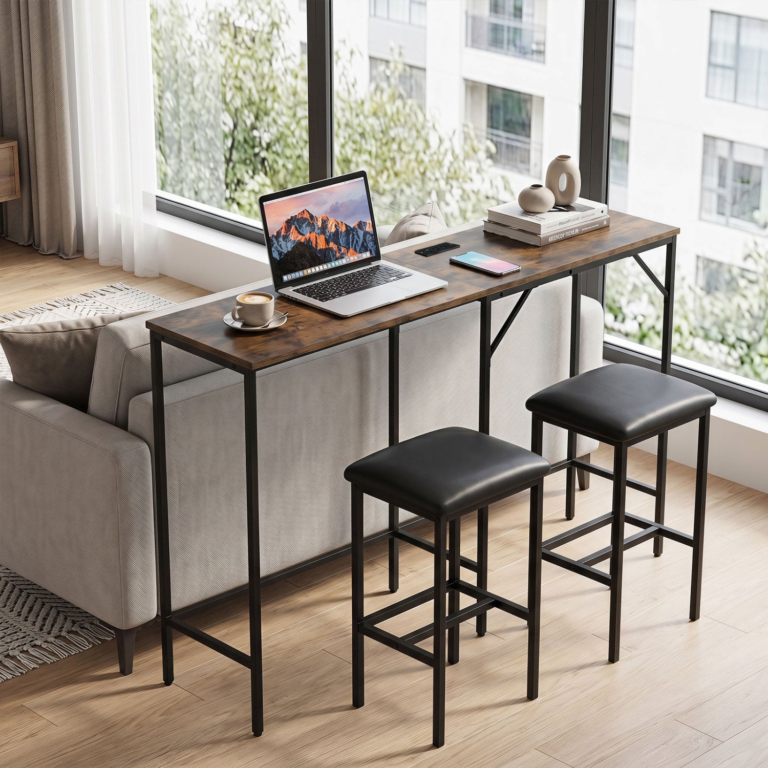 3-Piece L-Shaped Kitchen Table Set, 2 AC Outlets & USB, Rustic Brown Dining Room Sets at Gallery Canada
