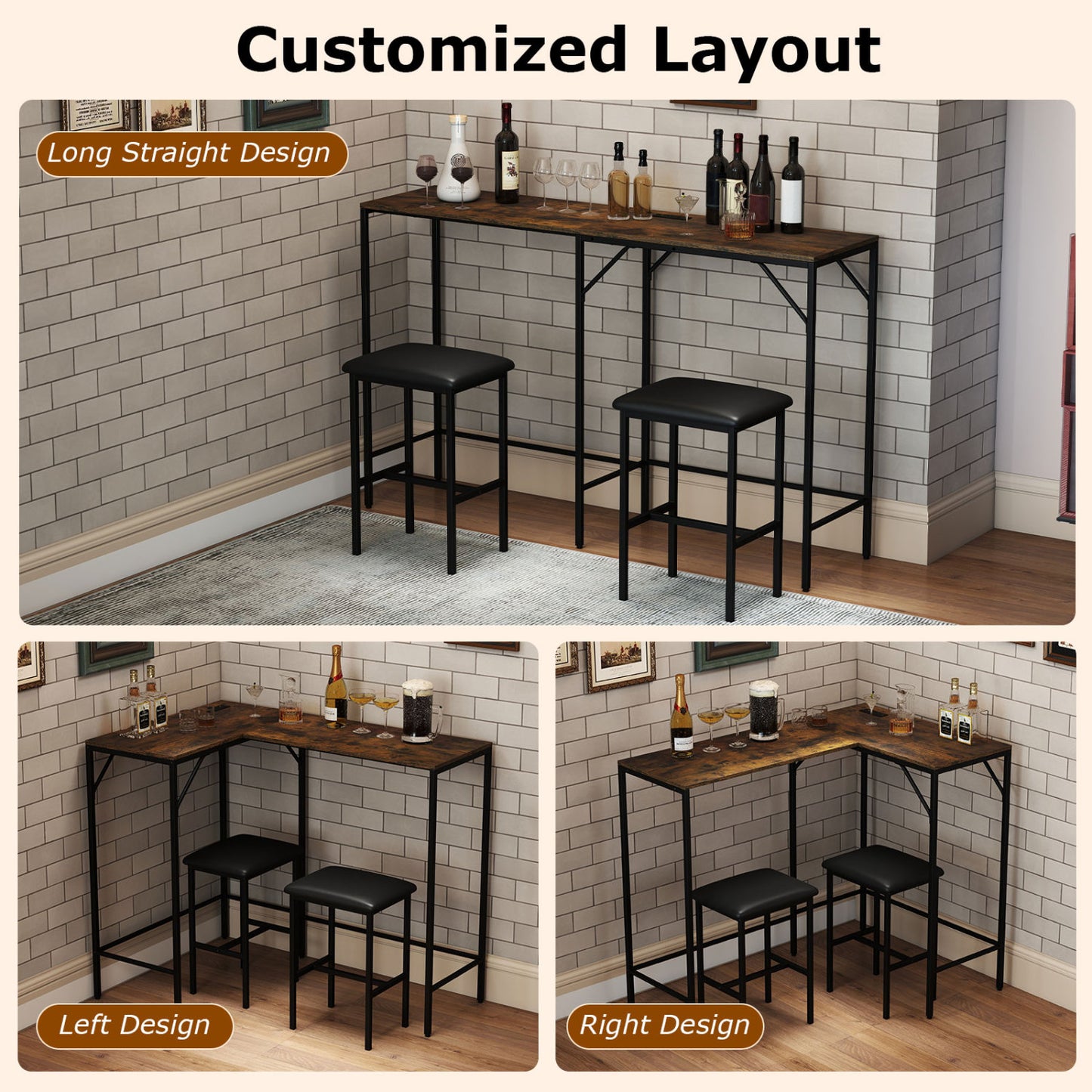 3-Piece L-Shaped Kitchen Table Set, 2 AC Outlets & USB, Rustic Brown Dining Room Sets at Gallery Canada