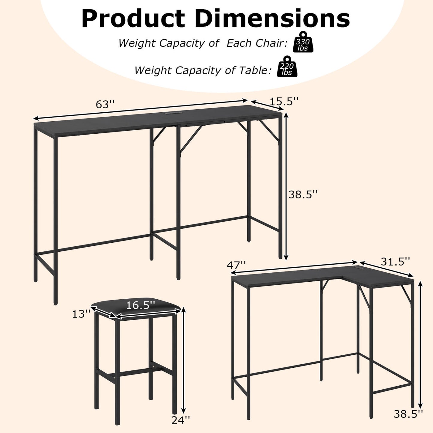 3-Piece L-Shaped Kitchen Set, 2 AC Outlets & USB, Black Dining Room Sets at Gallery Canada