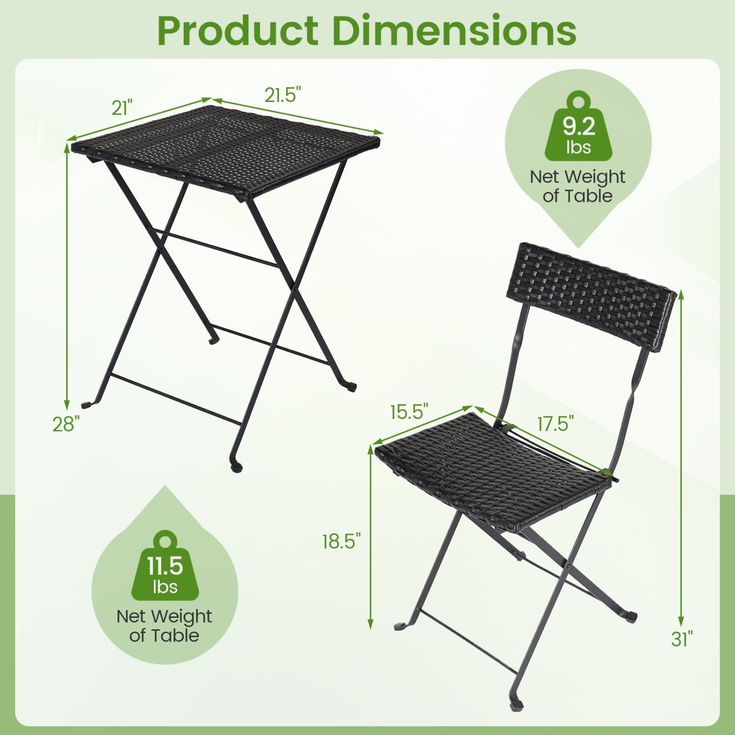 3-Piece Folding Bistro Set, PE Wicker, Black Patio Dining Sets at Gallery Canada