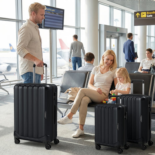 3-Piece Hardside Luggage Set (20/24/28 Inch) Lightweight with 3-Digital Lock, Black