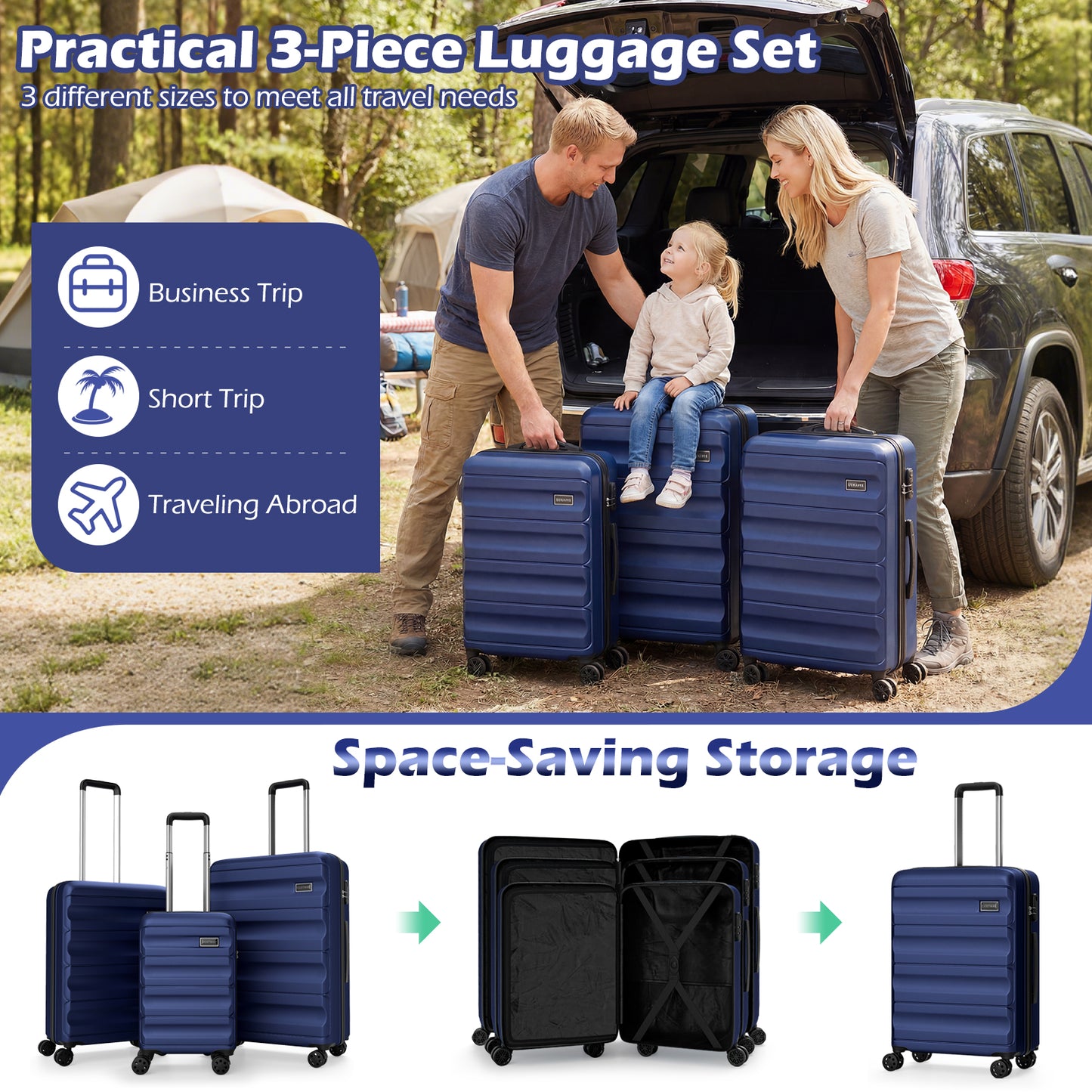 3-Piece Hardside Luggage Set 20/24/28 Inch Lightweight Hardside Suitcases, Navy Camping at Gallery Canada
