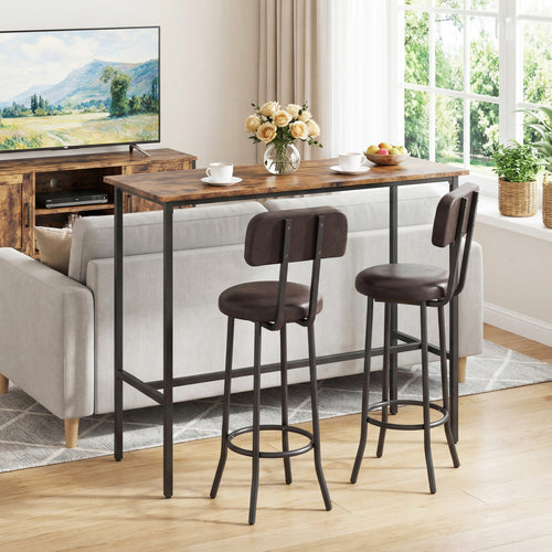 3-Piece Industrial Bar Table Set, 2 Upholstered Stools, Brown