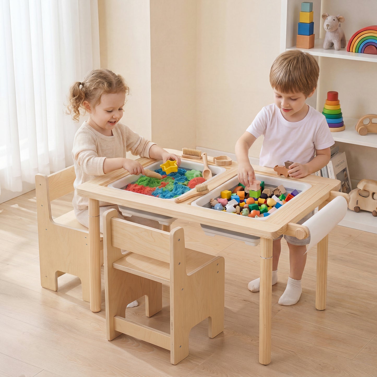 3-Piece Kids Activity Table & Chair Set, Adjustable Height, Natural Kids Table & Chair Sets at Gallery Canada
