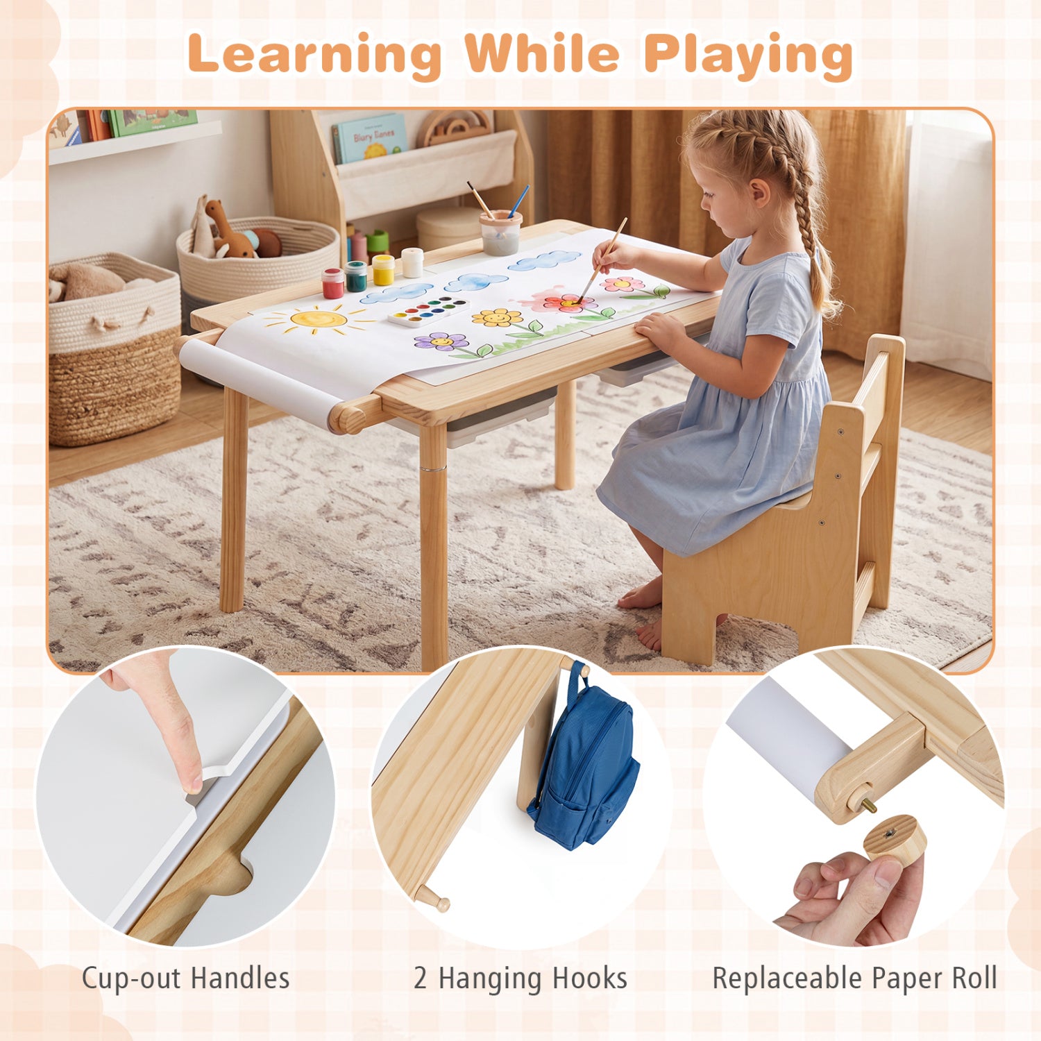 3-Piece Kids Activity Table & Chair Set, Adjustable Height, Natural Kids Table & Chair Sets at Gallery Canada