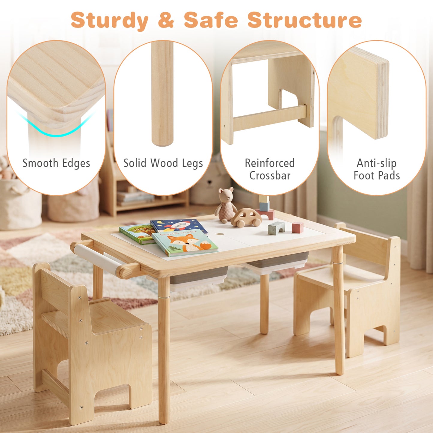 3-Piece Kids Activity Table & Chair Set, Adjustable Height, Natural Kids Table & Chair Sets at Gallery Canada