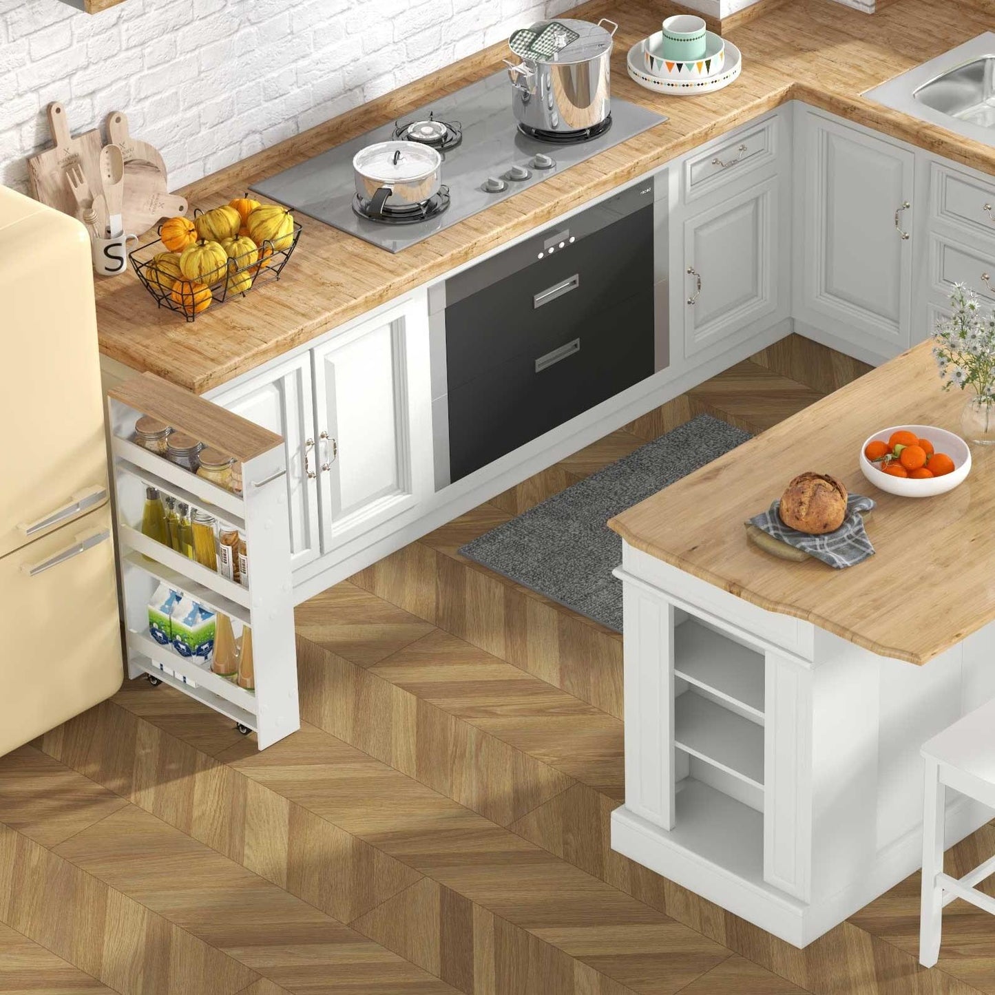 3-Piece Kitchen Set, Island, 2 Stools, Storage Cart, White Kitchen & Dining at Gallery Canada