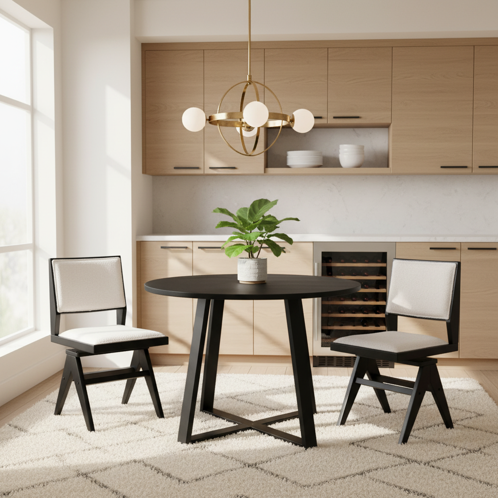 3-Piece Mid-Century Dining Set with 36” Round Pedestal Table and 2 Swivel Sherpa Upholstered Chairs Dining Room Sets at Gallery Canada