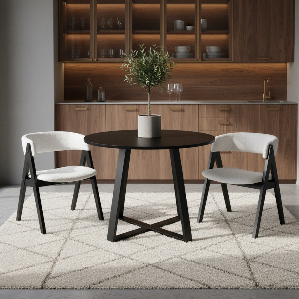 3-Piece Mid-Century Dining Set with 36” Round Pedestal Table and 2 Sherpa Upholstered Chairs Dining Room Sets at Gallery Canada
