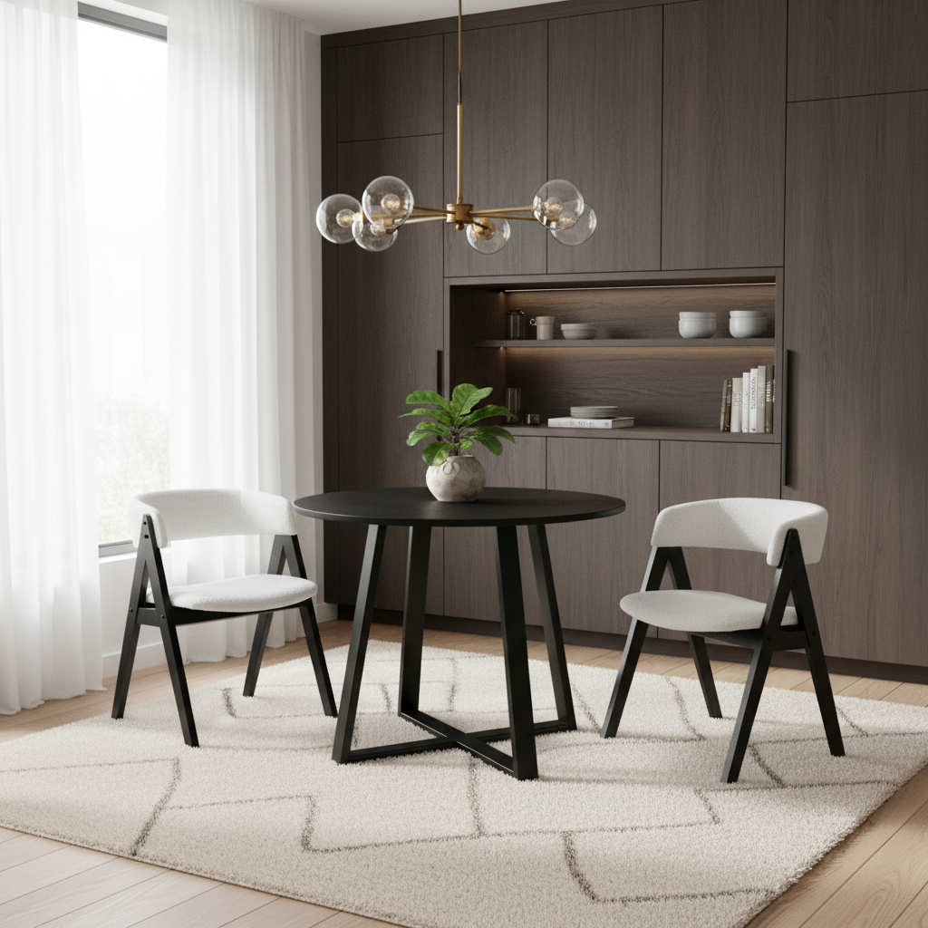 3-Piece Mid-Century Dining Set with 36” Round Pedestal Table and 2 Sherpa Upholstered Chairs Dining Room Sets at Gallery Canada